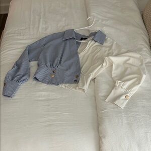 Striped Navy & Cream Two-Tone Cropped Button-Cuff Blouse